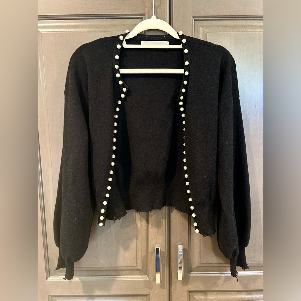 One Grey Day Cardigan with Faux Pearl Trim in Black, Size S